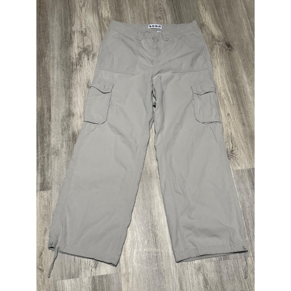 S.O.N.G. Women's Gray‎ Cotton Cargo Pants Wide Leg Drawstring Casual
